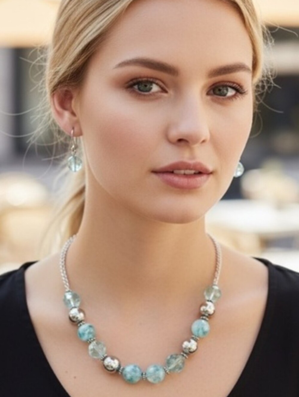 Aqua Beaded Statement Necklace & Earring Set - New In Gift Box